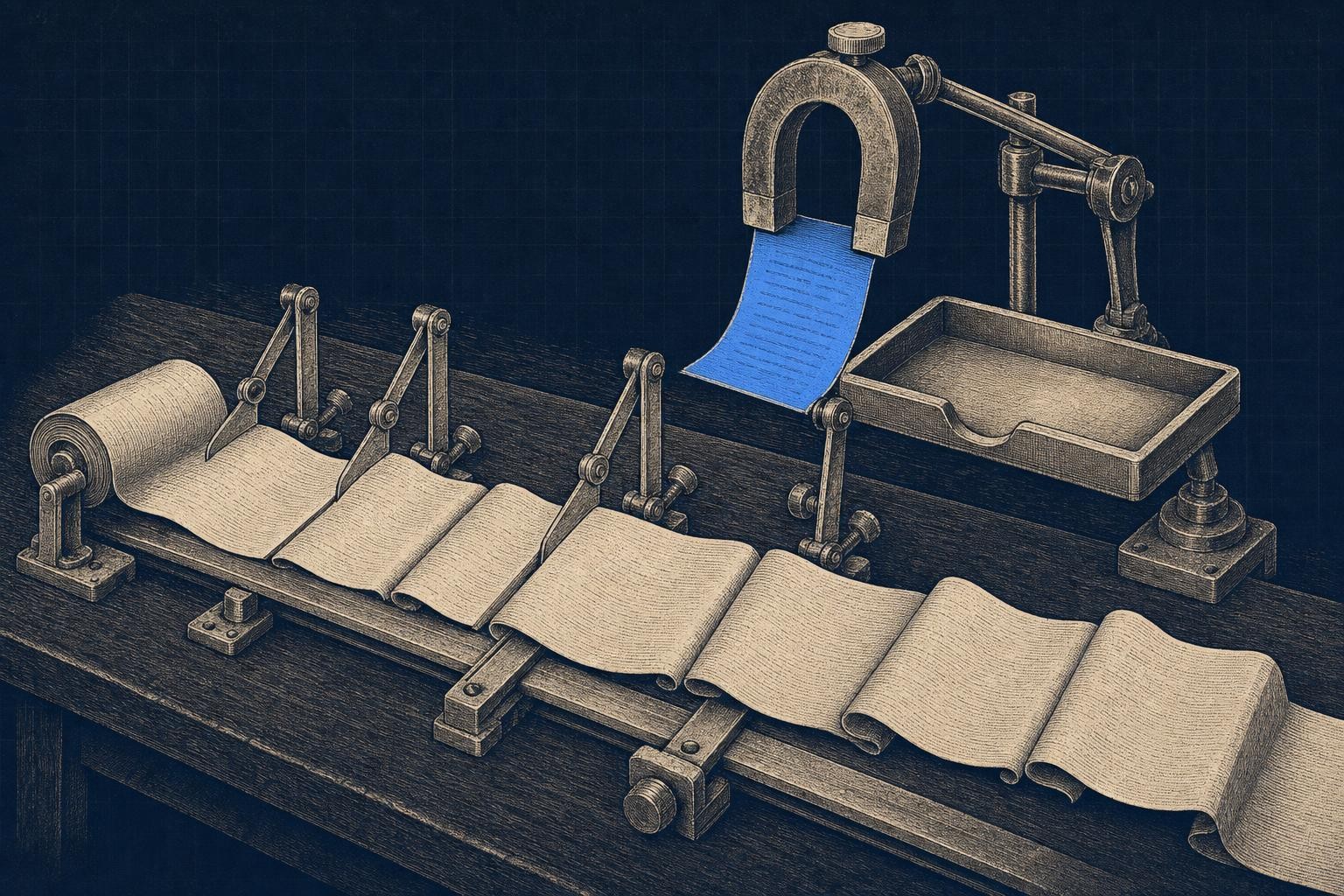 Illustration of best chunking strategies for rag: A long manuscript ribbon spans a wide cutting table, divided at natural folds by