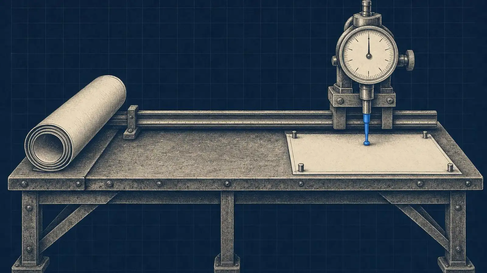 Digital transformation strategies measured: a blueprint plan pinned under a calibrated dial gauge on a workbench