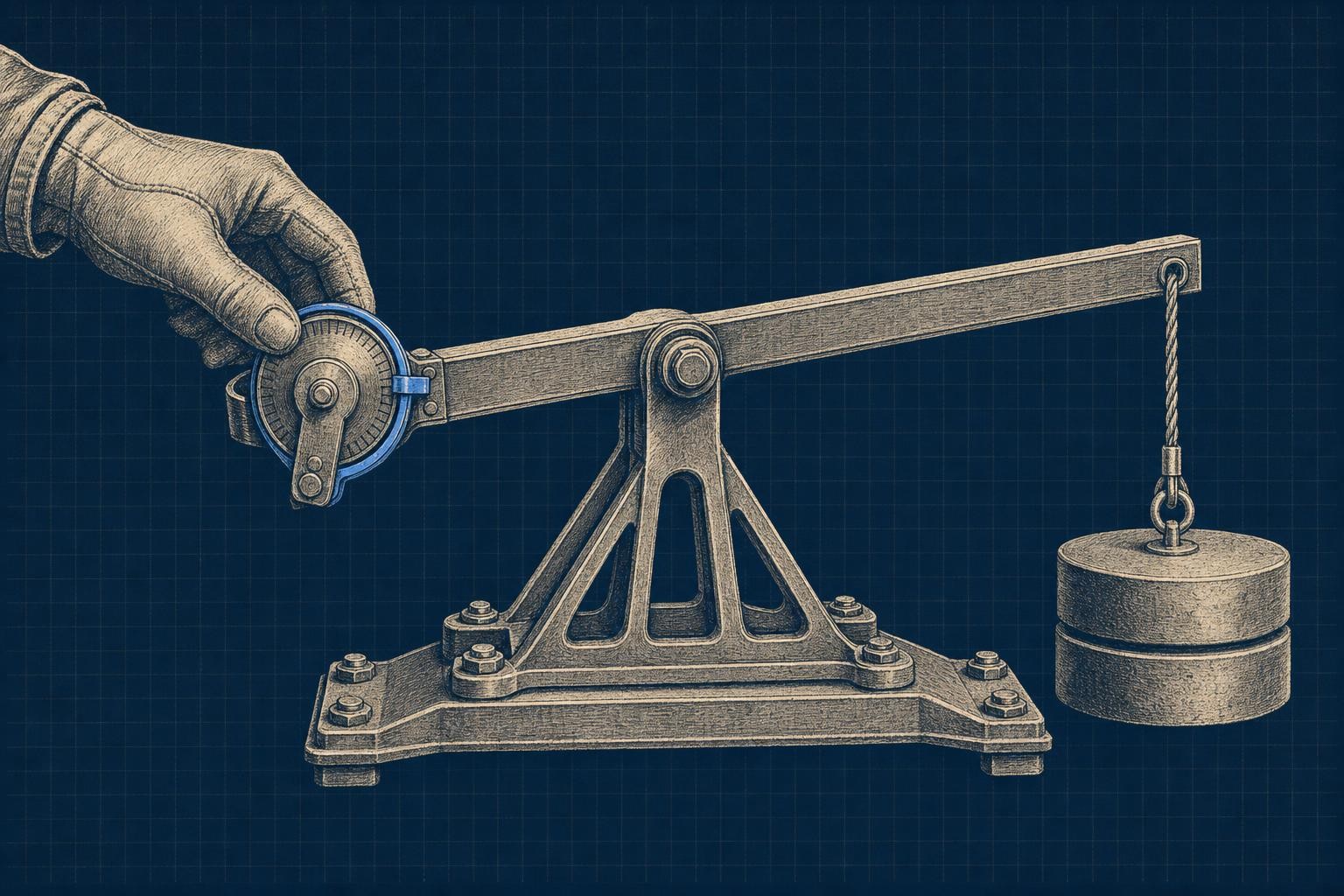 Illustration of does rlhf use ppo: A wide seesaw scale: on the left, a gloved hand nudges a weighted dial labeled with a