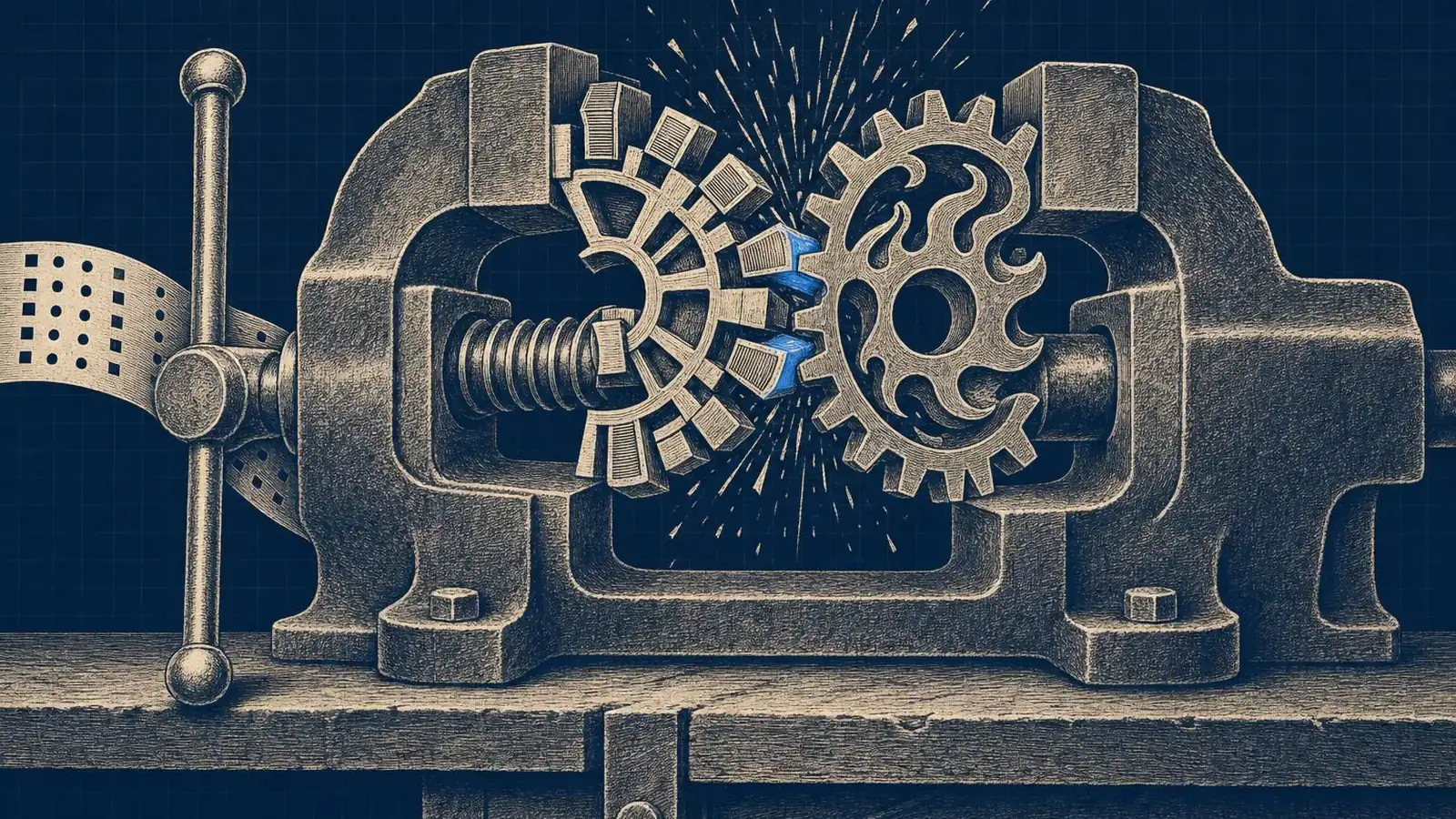 Illustration of flash attention error compiling objects for extension: A wide workbench vise attempting to clamp two