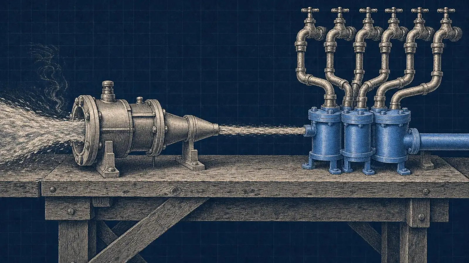 Illustration of flash attention vs grouped query attention: Wide workbench: left side, a narrow water pipe with a tight