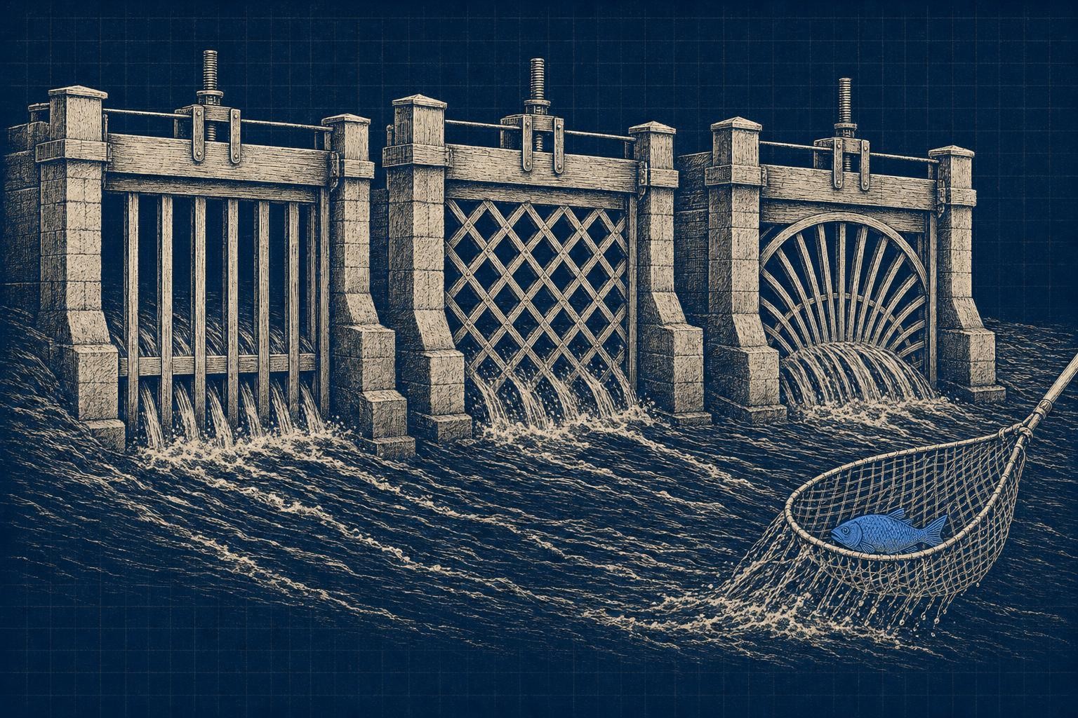 Illustration of how llm guardrails work: A wide river flows left to right through three successive sluice gates spanning the