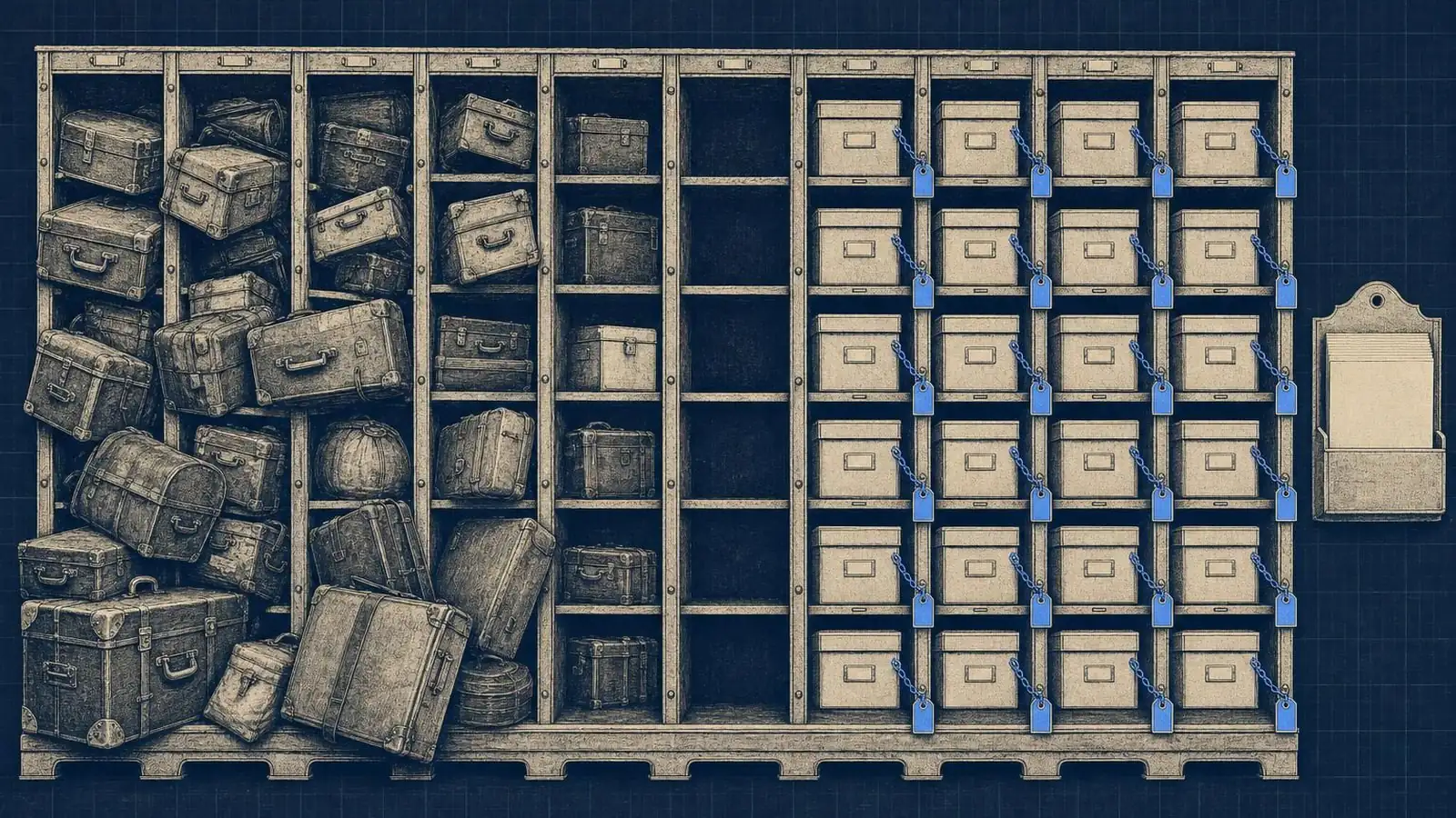 Illustration of how to implement paged attention: A long wall of uniform lockers spans the frame; on the left, mismatched