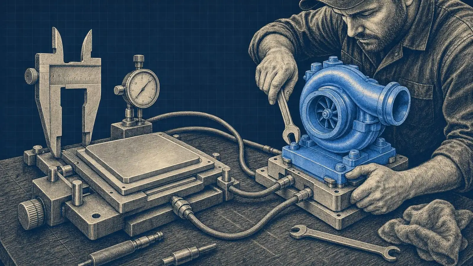 Illustration of how to install flash attention 3: A wide workbench: left side, a GPU chip on a jig checked with calipers