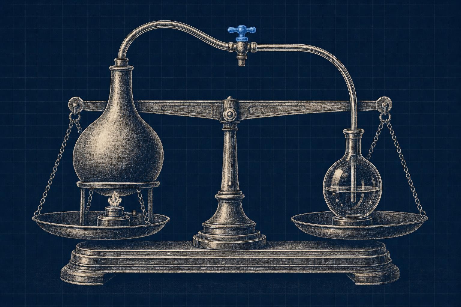 Illustration of is model distillation legal: A wide brass balance: an opaque heated retort sits on one pan, a clear compact