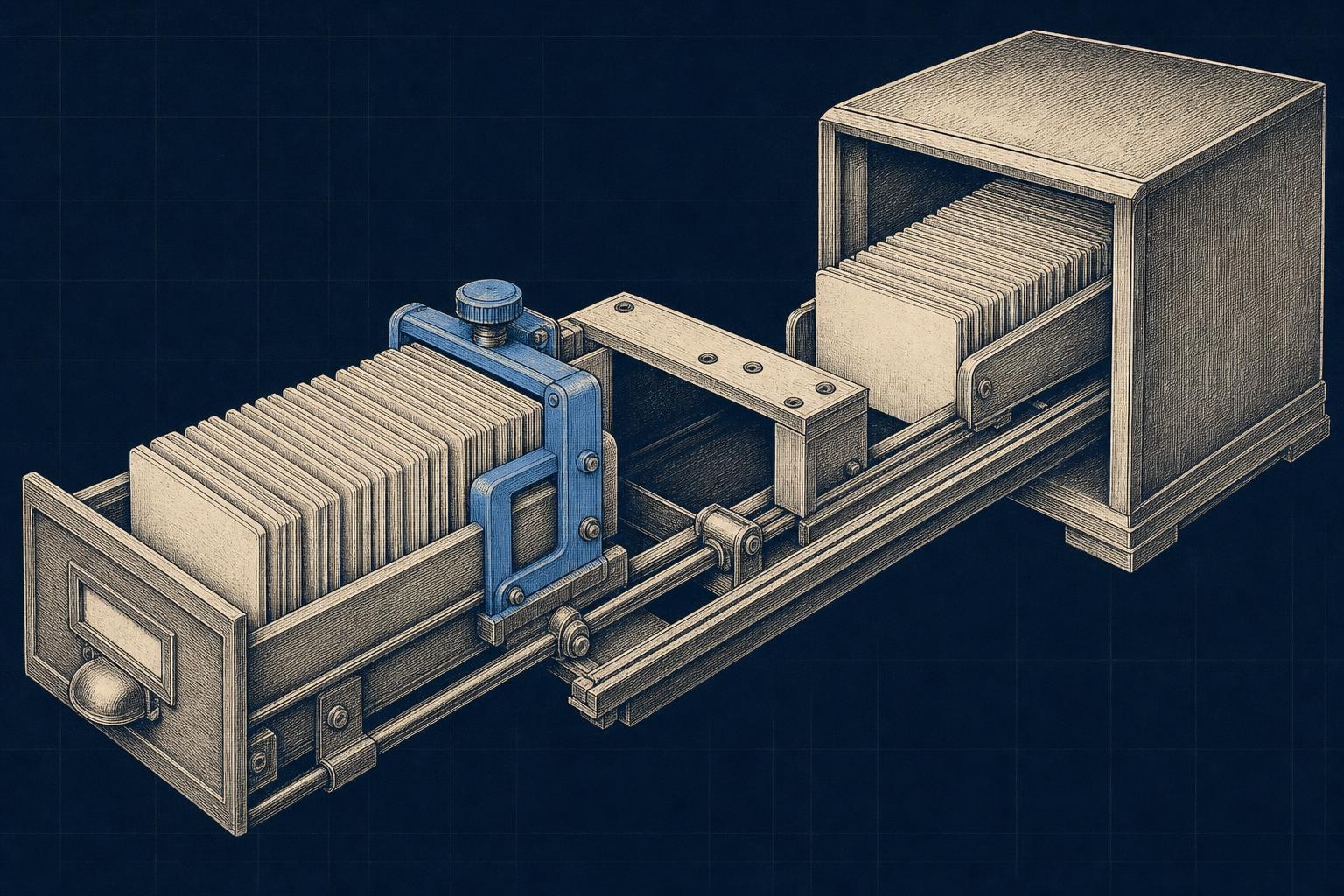 Illustration of kv cache optimization llm: A wide card-catalog drawer spans the frame; a sliding carriage compresses paired cards