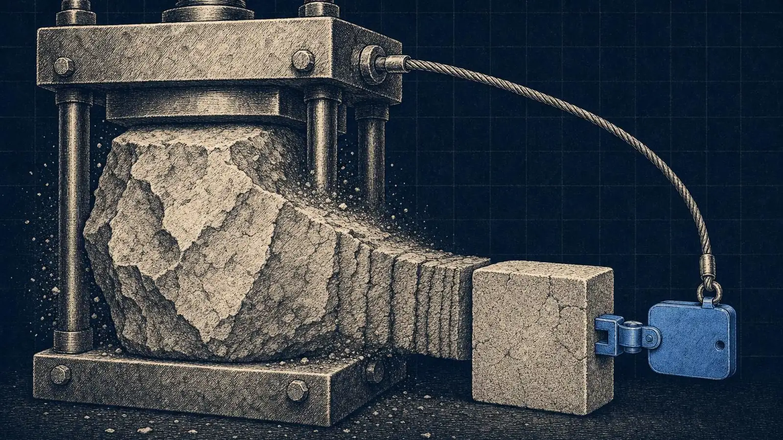 Illustration of how to use qlora huggingface: A massive stone block on the left is compressed by a wide press into a small