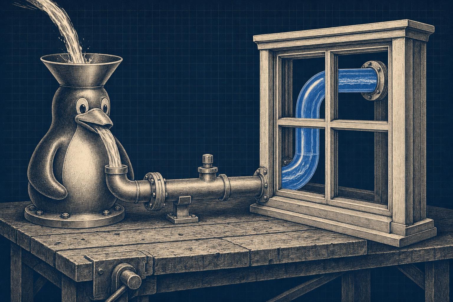 Illustration of vllm for windows: A wide workbench: on the left a Linux penguin-shaped funnel feeds glowing liquid smoothly