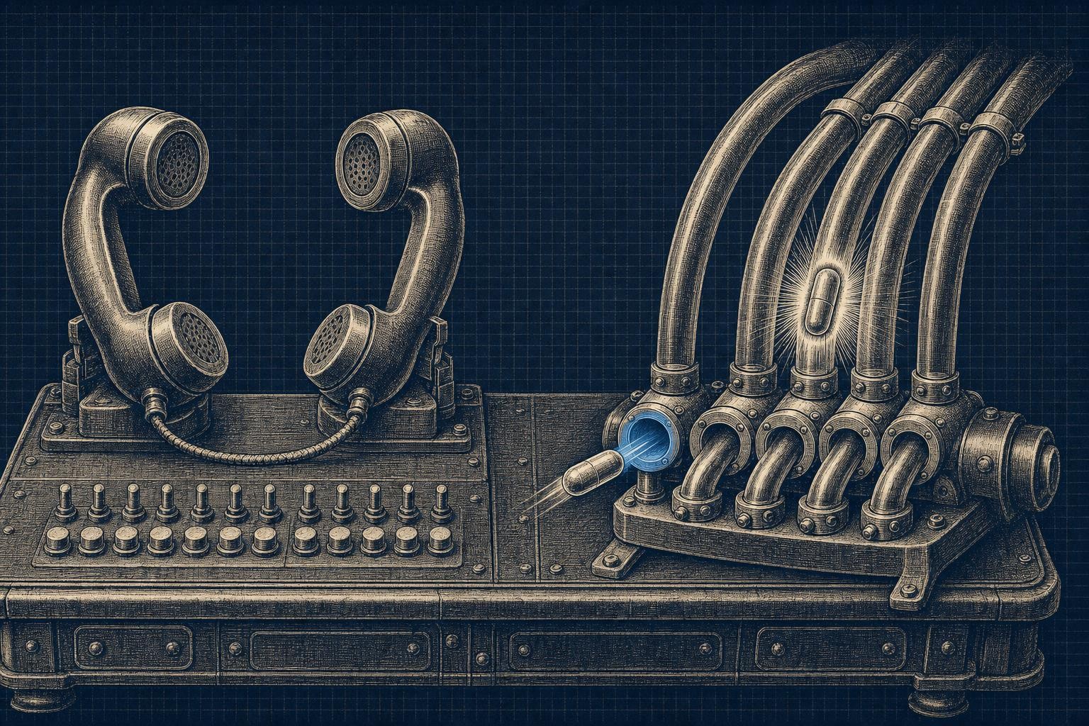 Illustration of how to autogen agents exchange messages: A wide switchboard table: two telephone handsets connected by a
