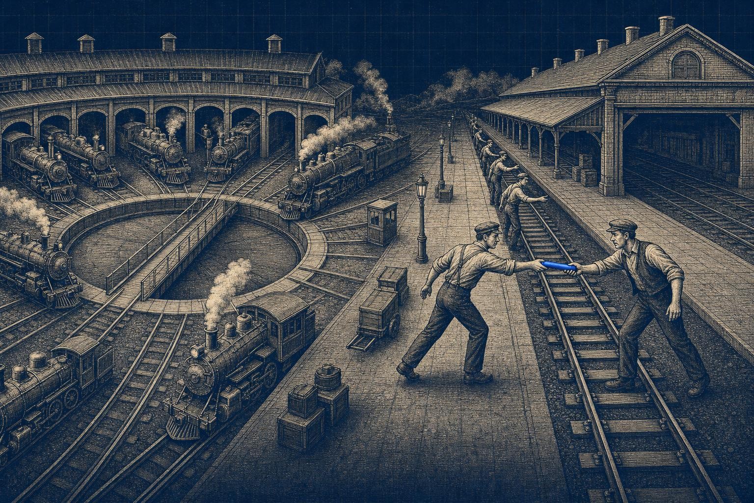 Illustration of autogen vs agents sdk: Two wide train stations face each other across a shared platform: left station has a