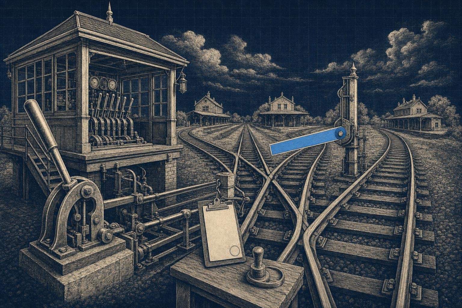 Illustration of how to build agent orchestration: A wide rail yard control tower: one lever pulls tracks to split trains