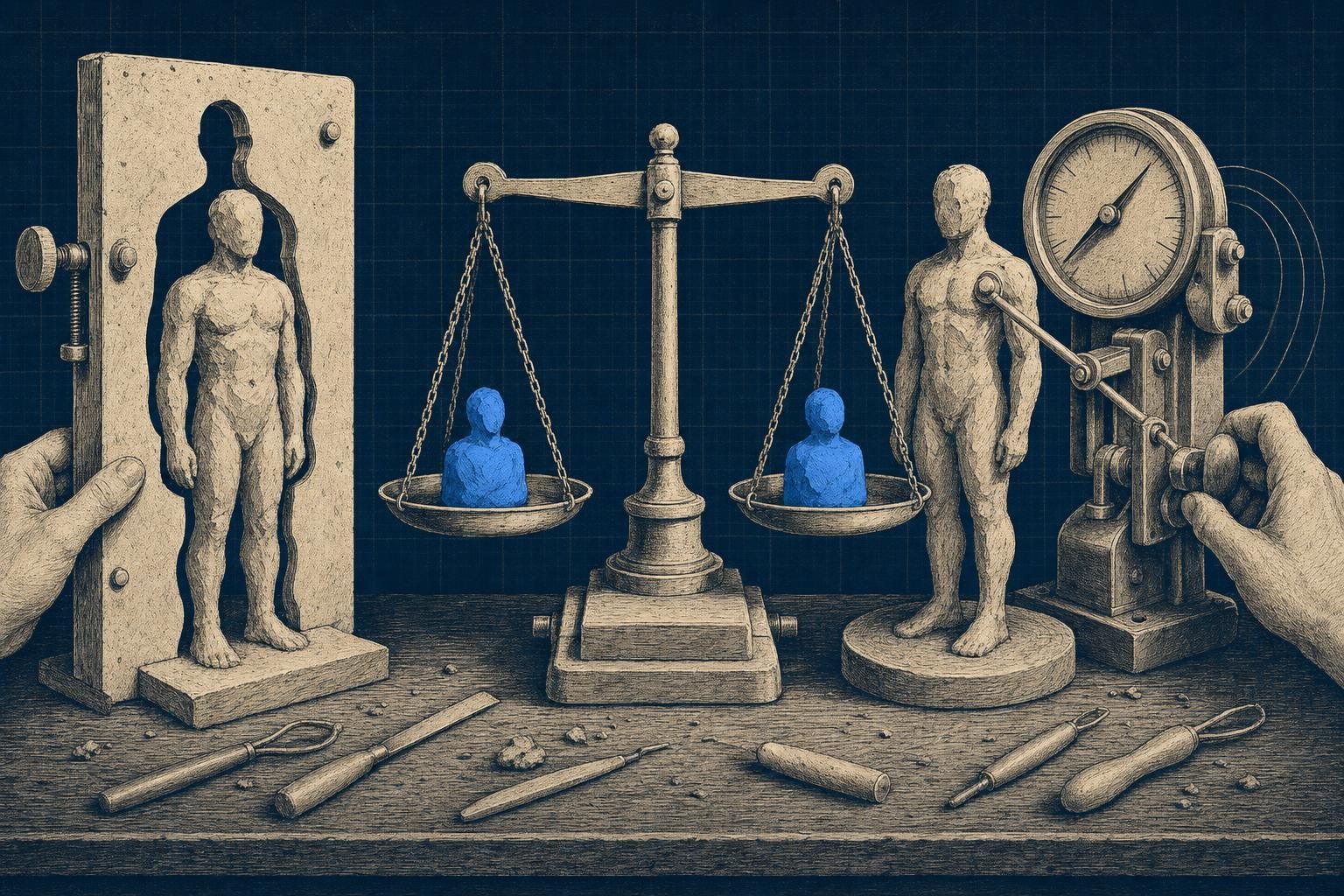 Illustration of dpo vs ppo vs sft for llm alignment: Three sculptor tools spanning a workbench, each shaping the same clay