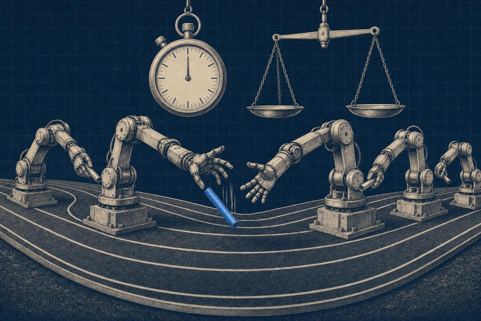 Illustration of how to evaluate multi agent systems: A wide relay race track: several baton-carrying mechanical arms pass a