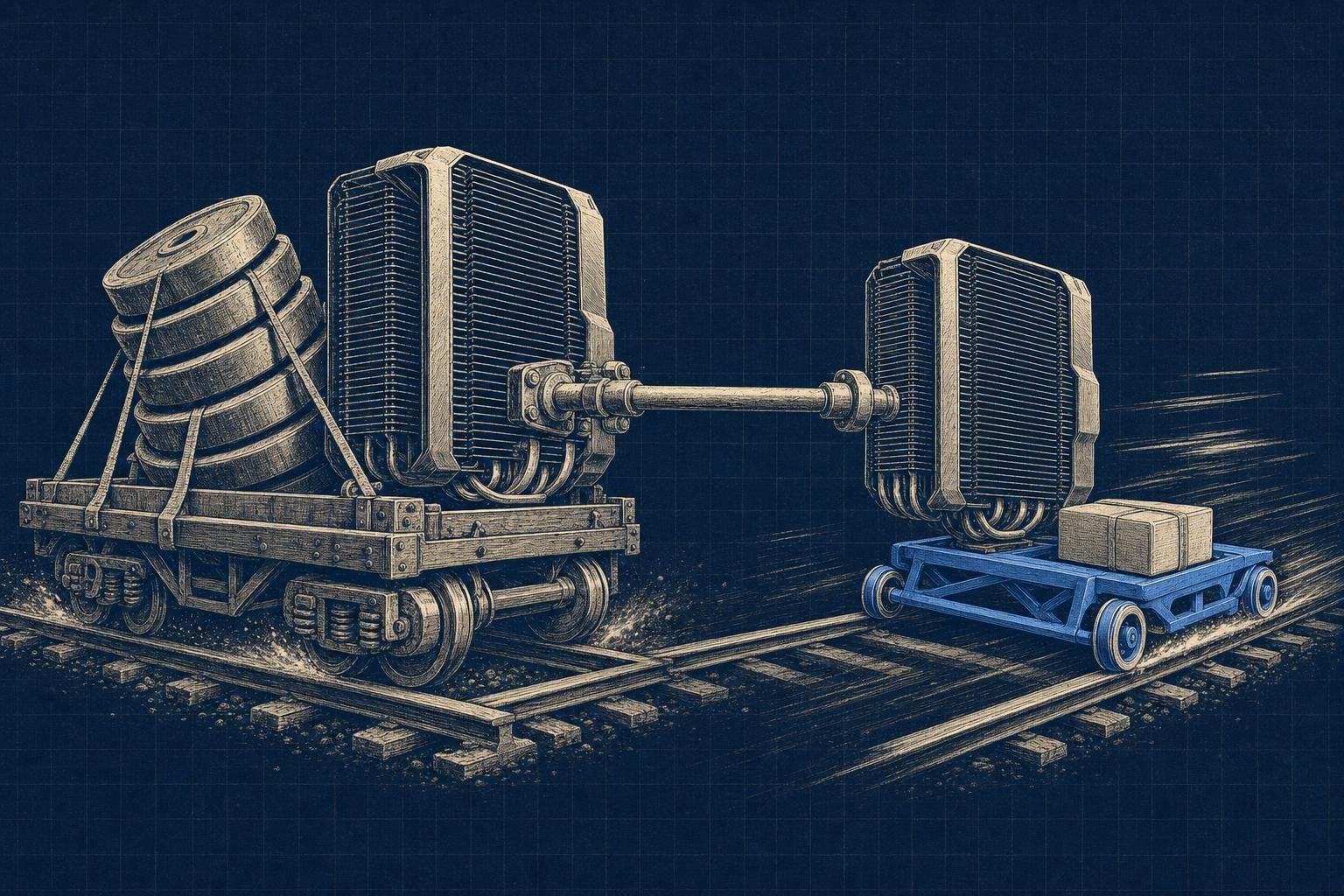 Illustration of gpu inference vs training: Two GPU heatsinks span the frame like dumbbell ends connected by a rod: left one