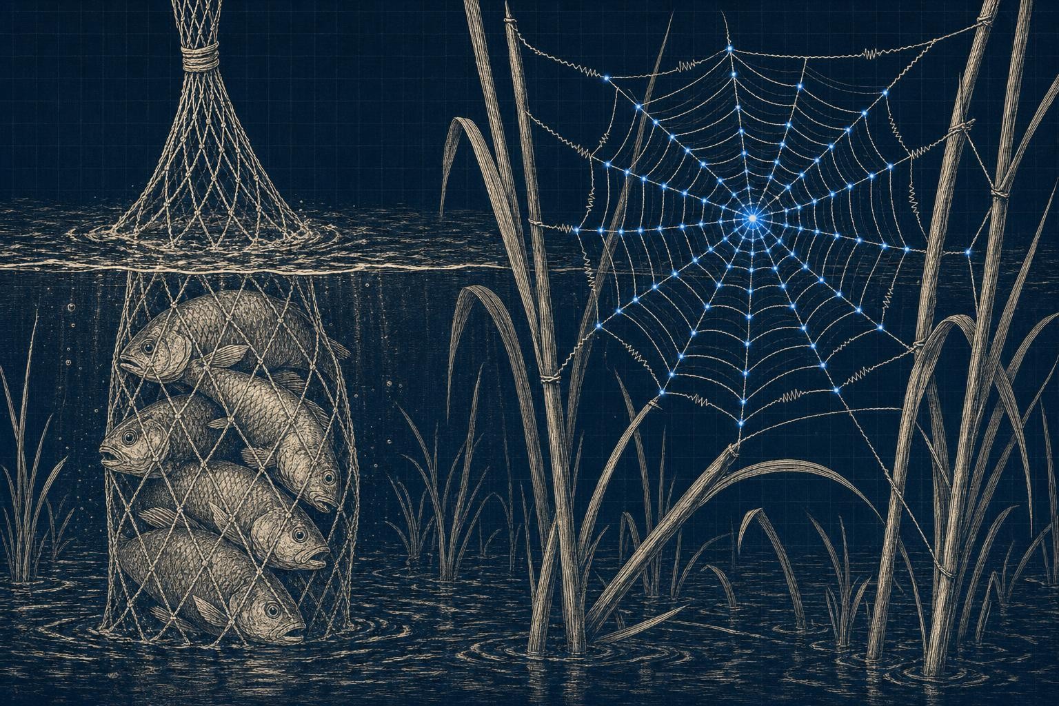 Illustration of graphrag vs rag: Left: a fisherman's net dropped straight down into water pulling up a single stack of
