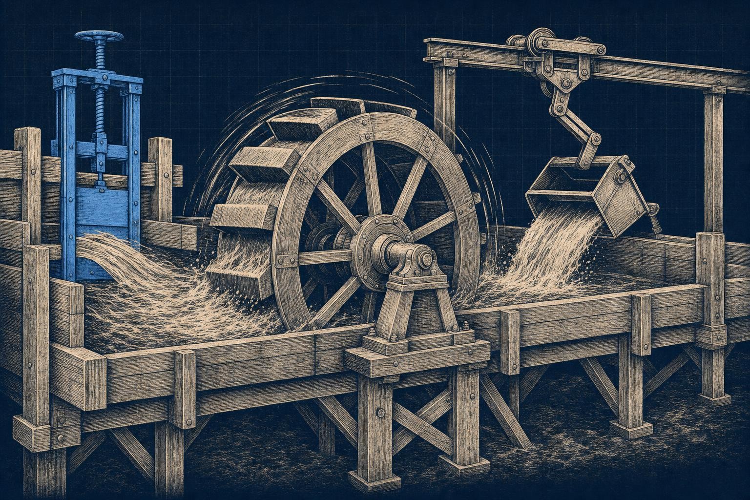 Illustration of how do state space models work: A wide water flume with a paddle wheel spinning at center, a bucket sliding
