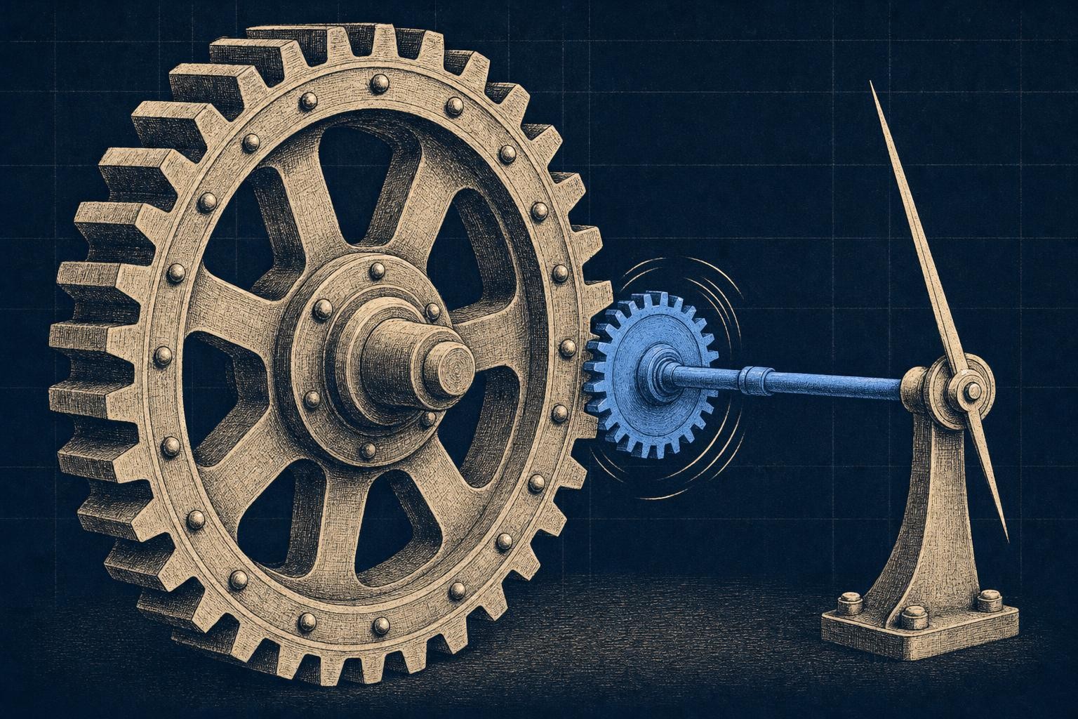 Illustration of how to do lora fine tuning: A massive riveted steel gear spans the left frame, motionless; meshed with it on