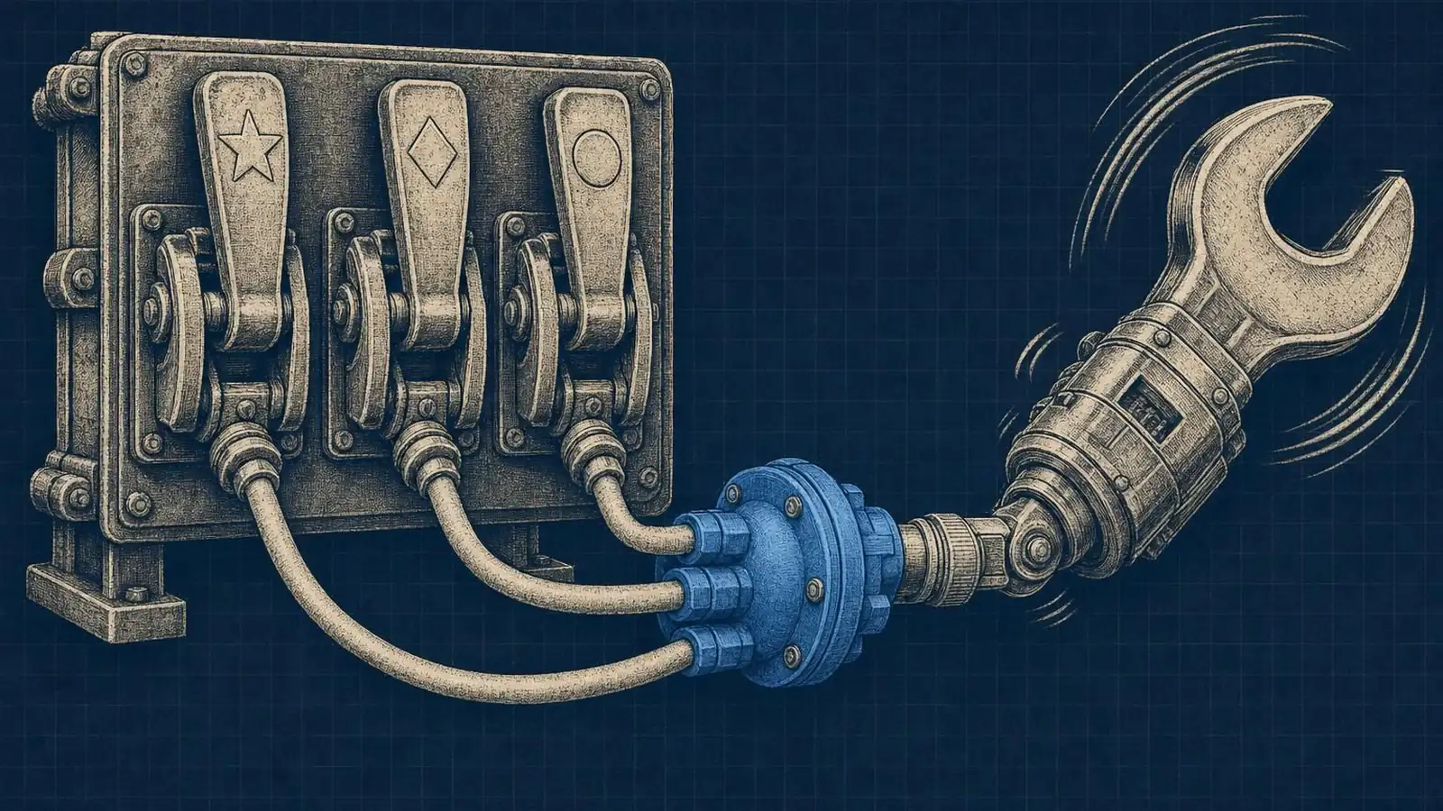 Illustration of how to implement function calling in llm: A wide switchboard: three identical levers labeled by shape (star