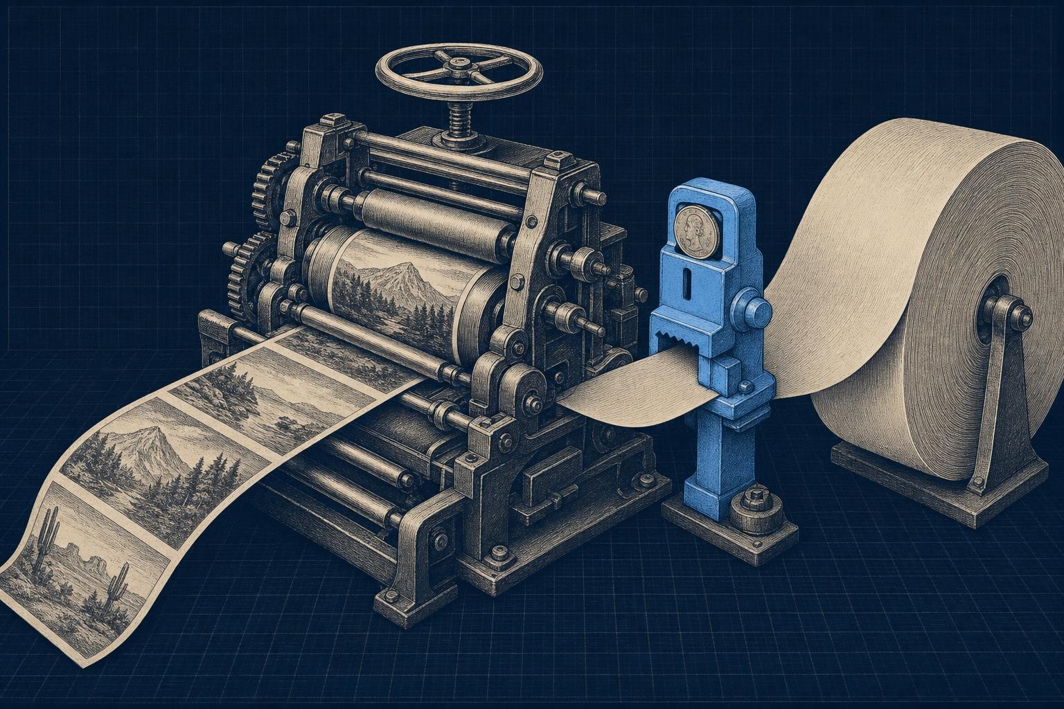 Illustration of is text to image ai free: A long paper strip runs left-to-right through an image-printing press: its short