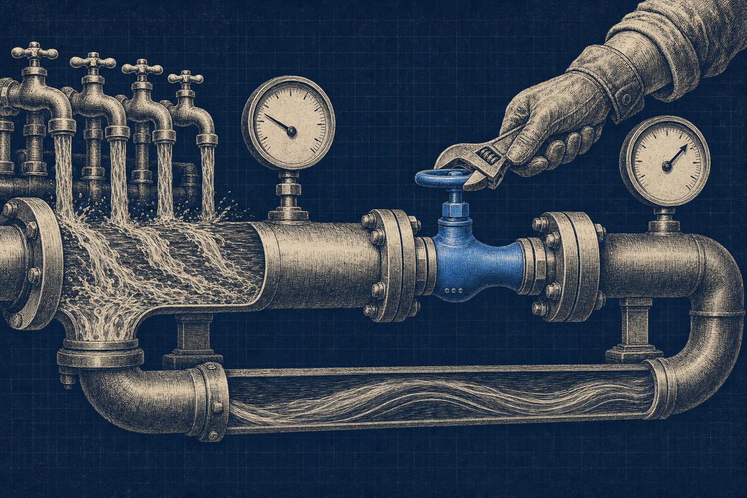 Illustration of langchain error code 429: A wide water pipe spans the frame from a bank of open faucets (left) into one