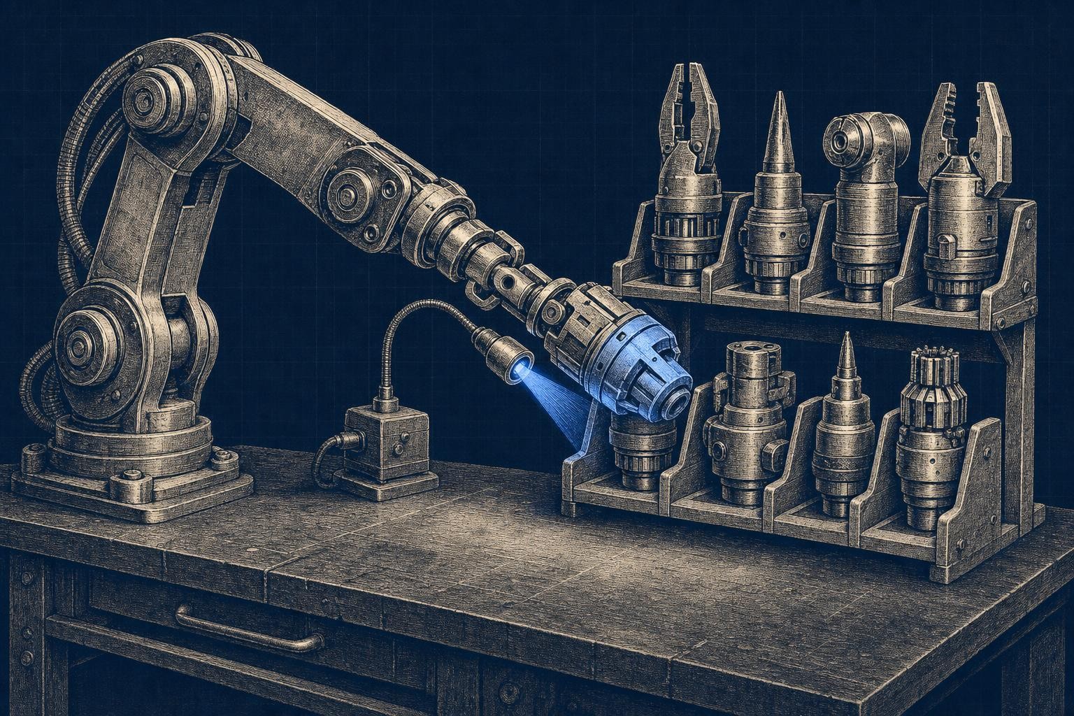 Illustration of langchain mcp integration: A wide workbench: on the left, a jointed mechanical arm (agent) reaches across a
