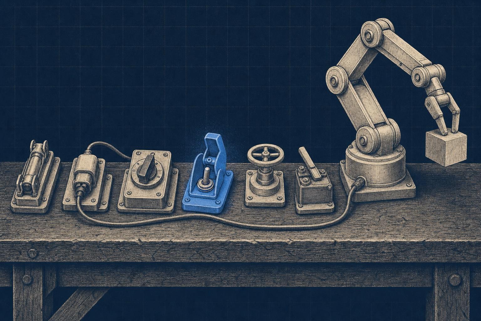 Illustration of pi coding agent error terminated: A wide workbench: a toy robotic arm frozen mid-task, its power cord