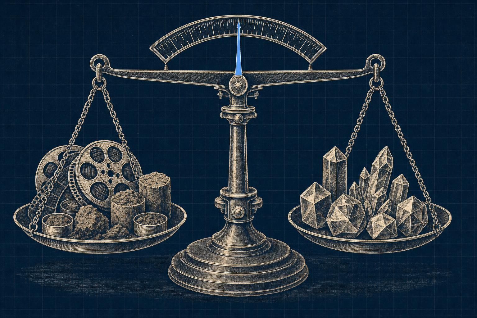 Illustration of synthetic data vs real data for training: A wide balance scale: left pan holds real photographic film reels