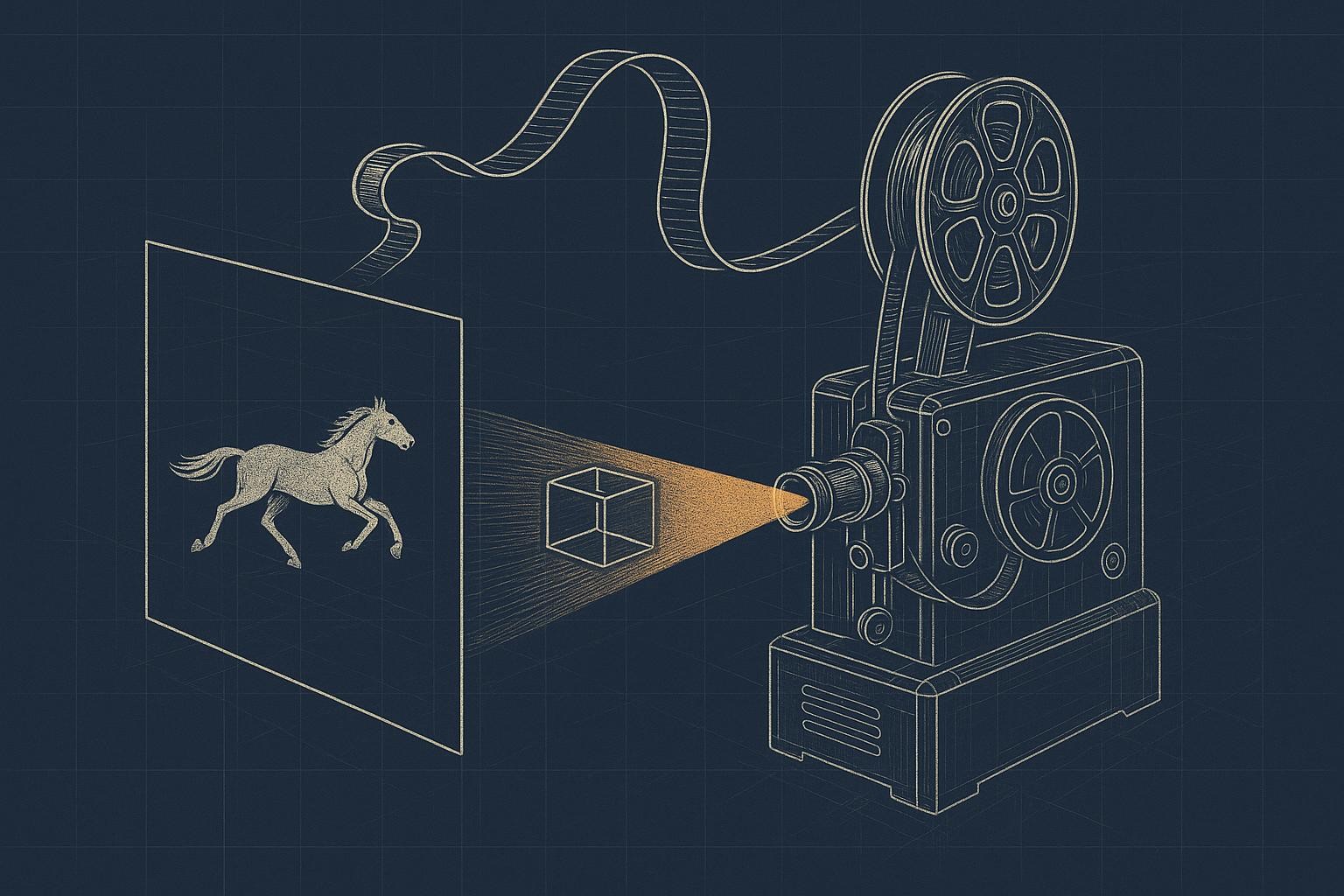 Illustration of what is text to video ai: A vintage film projector feeds blank celluloid strip through its gate; above, a