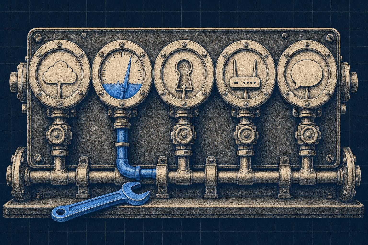 Illustration of why claude ai is not working: A wide control panel with five distinct valve gauges spanning left to right
