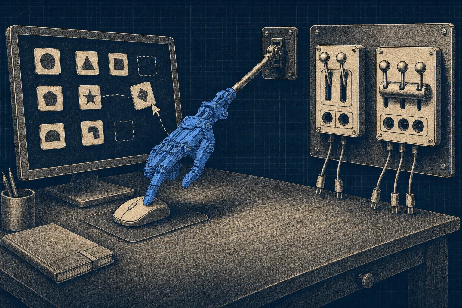 Illustration of computer use agent in copilot studio: A mechanical hand puppet on a long rod reaches across a wide desk