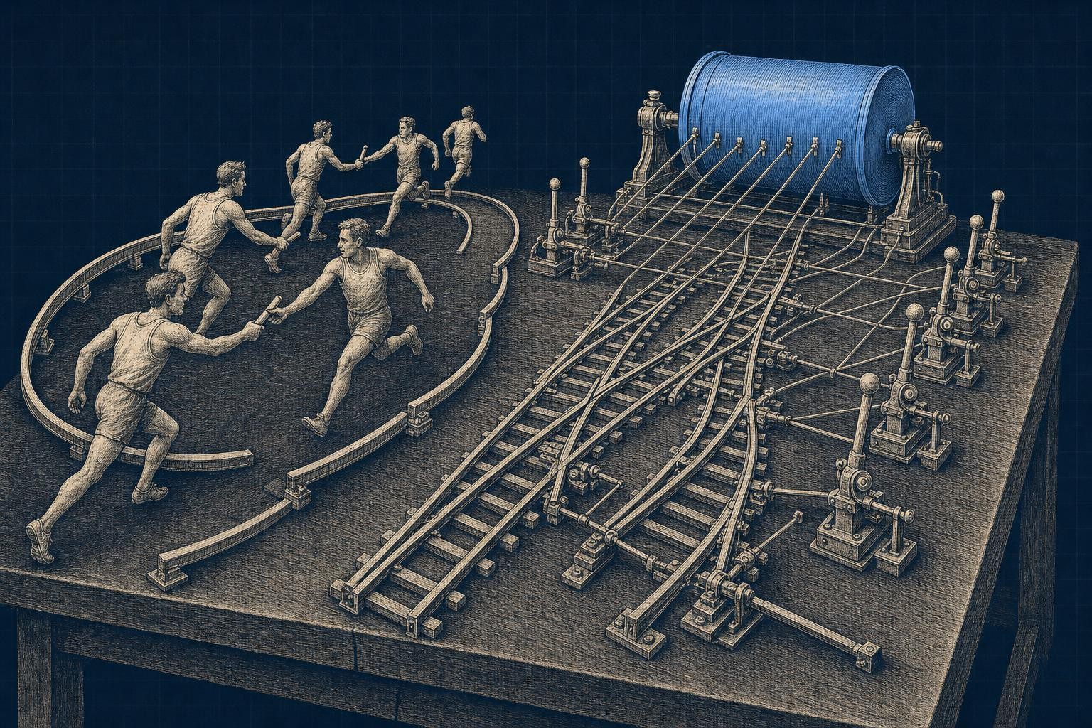 Illustration of crewai vs langgraph: Two contraptions span a workbench: left, a loose relay of baton-passing runners on an