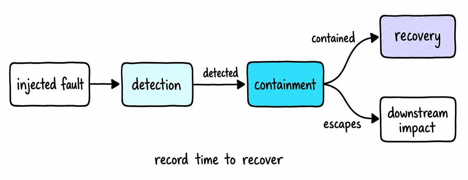 Flow diagram used to evaluate multi agent systems: an injected fault moves through detection, containment, recovery, or escapes into downstream impact.