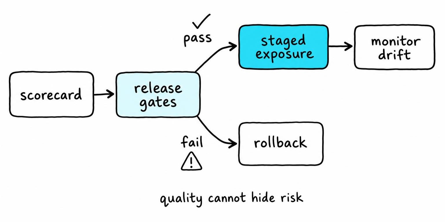 Decision flow for releasing multi agent systems: a production scorecard feeds release gates, then staged exposure and monitoring or rollback after failure.