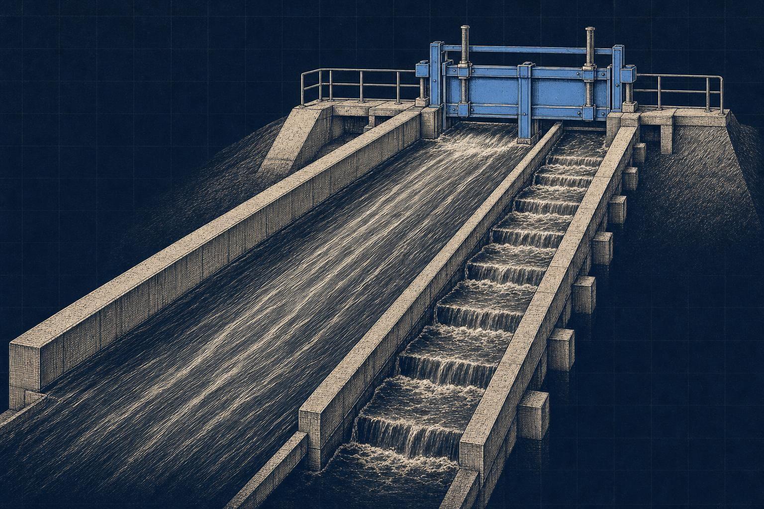 Illustration of flash attention vs sage attention: Two long water flumes span the frame side by side: left flume full-width
