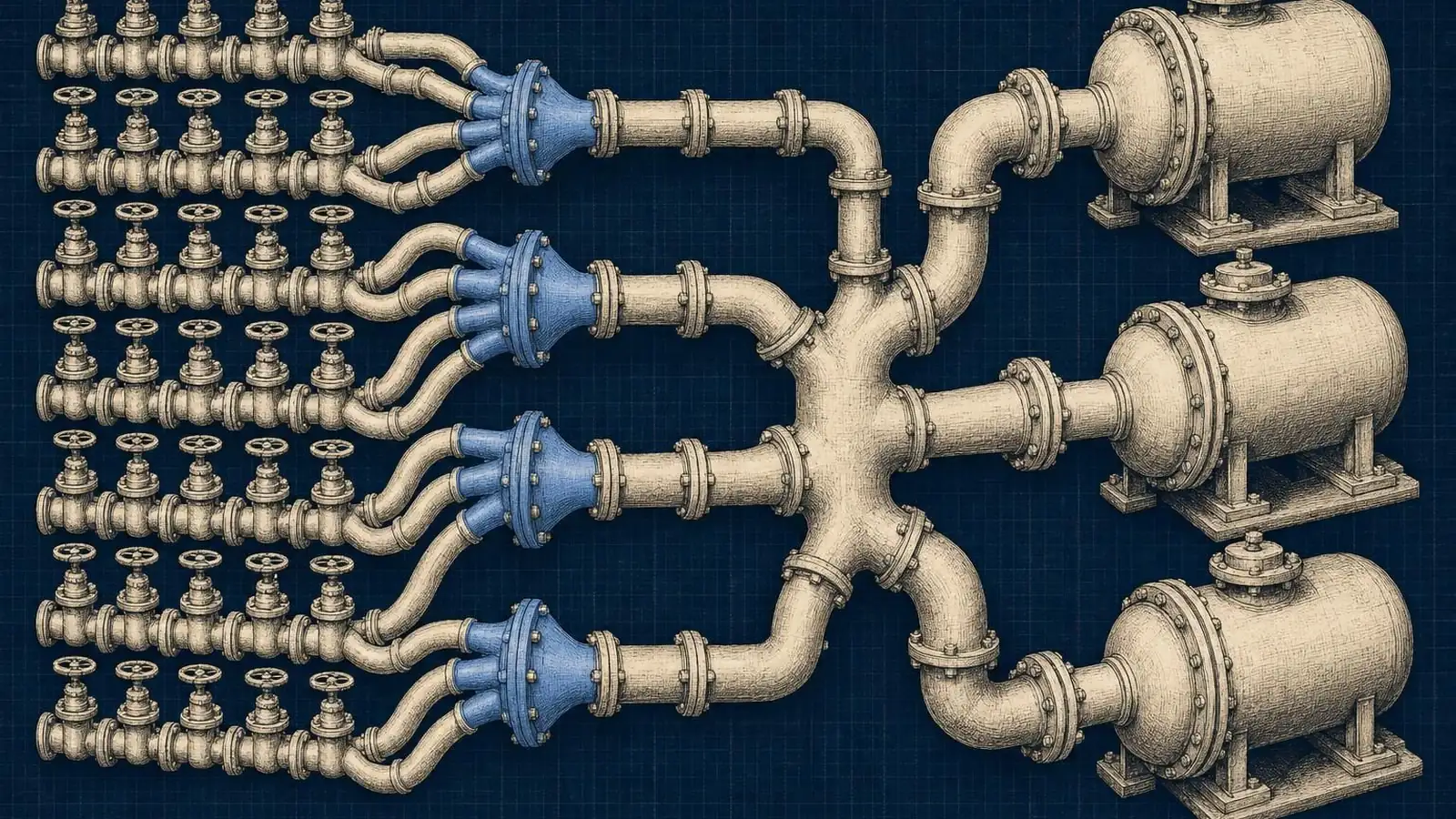 Illustration of grouped query attention vs multi query attention: A wide water manifold: many small intake valves on the