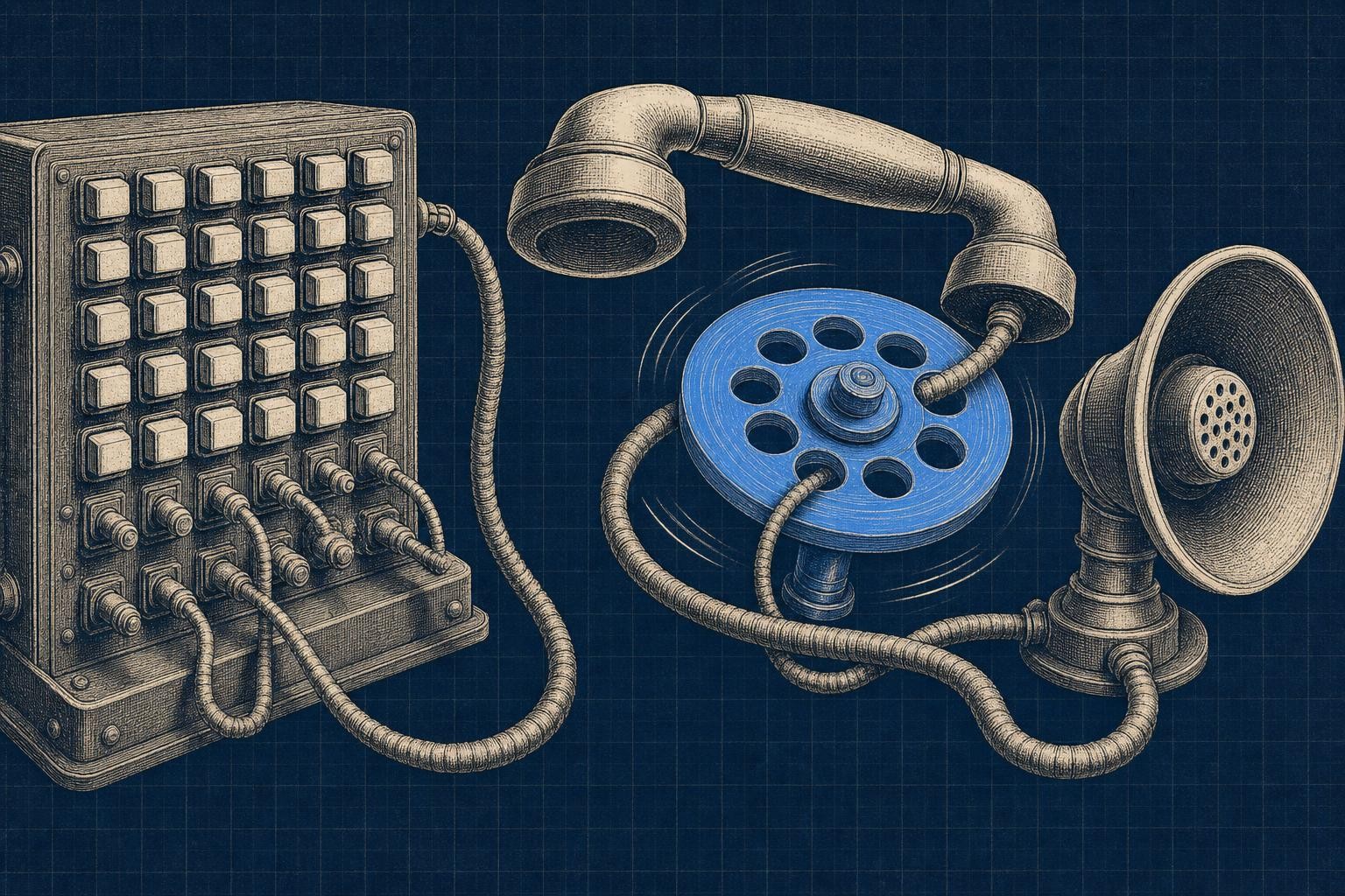 Illustration of how ai voice agents work: A telephone handset's cord splits into two paths: left, a rigid switchboard grid of