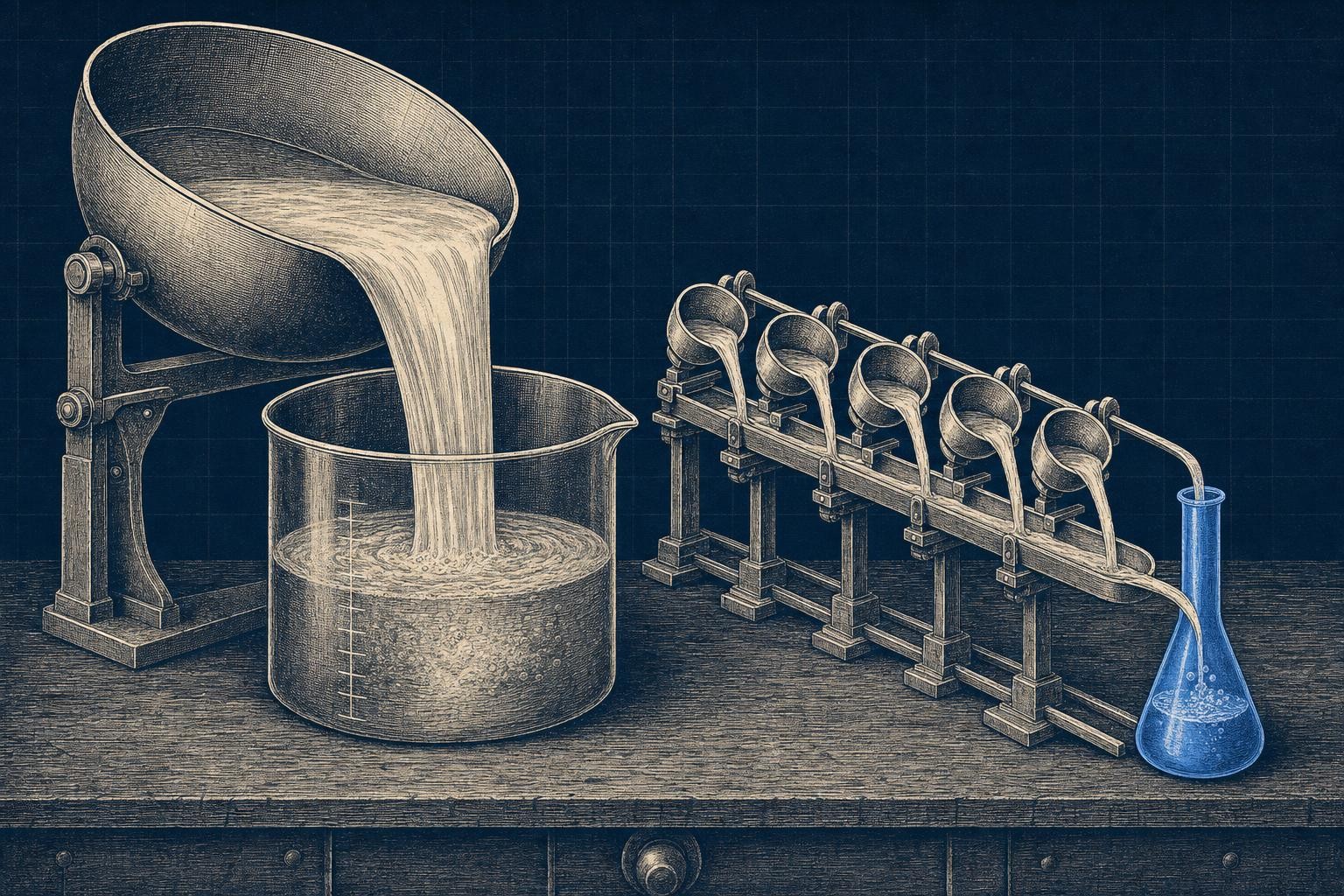 Illustration of how flash attention works: A wide countertop: at left a huge shallow basin of liquid awaiting one slow full
