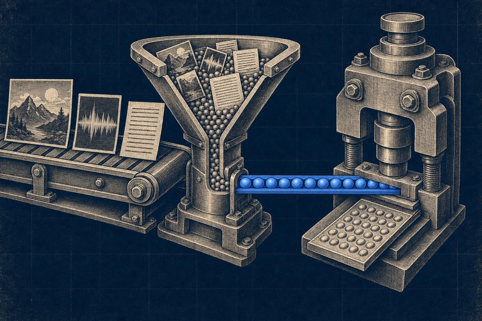 Illustration of how gemini ai works: A wide conveyor belt feeding mixed items—photo, sound wave card, text page—into a funnel