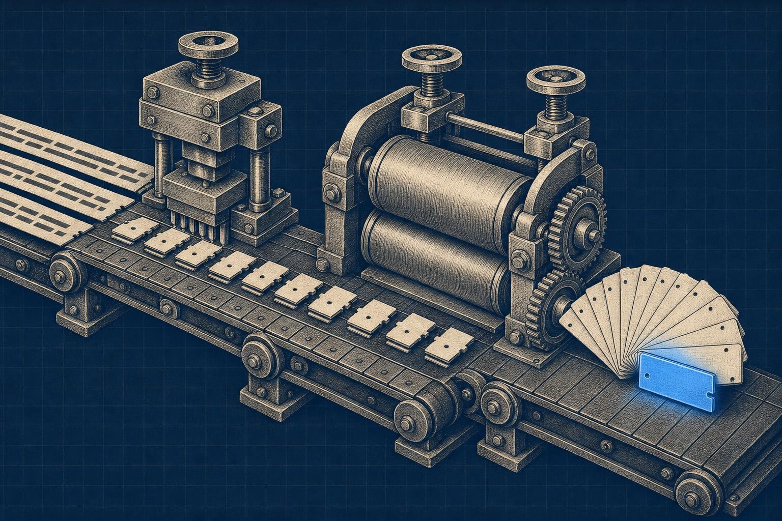 Illustration of how large language models work: A wide conveyor belt: whole sentences enter left, get sliced by a stamping