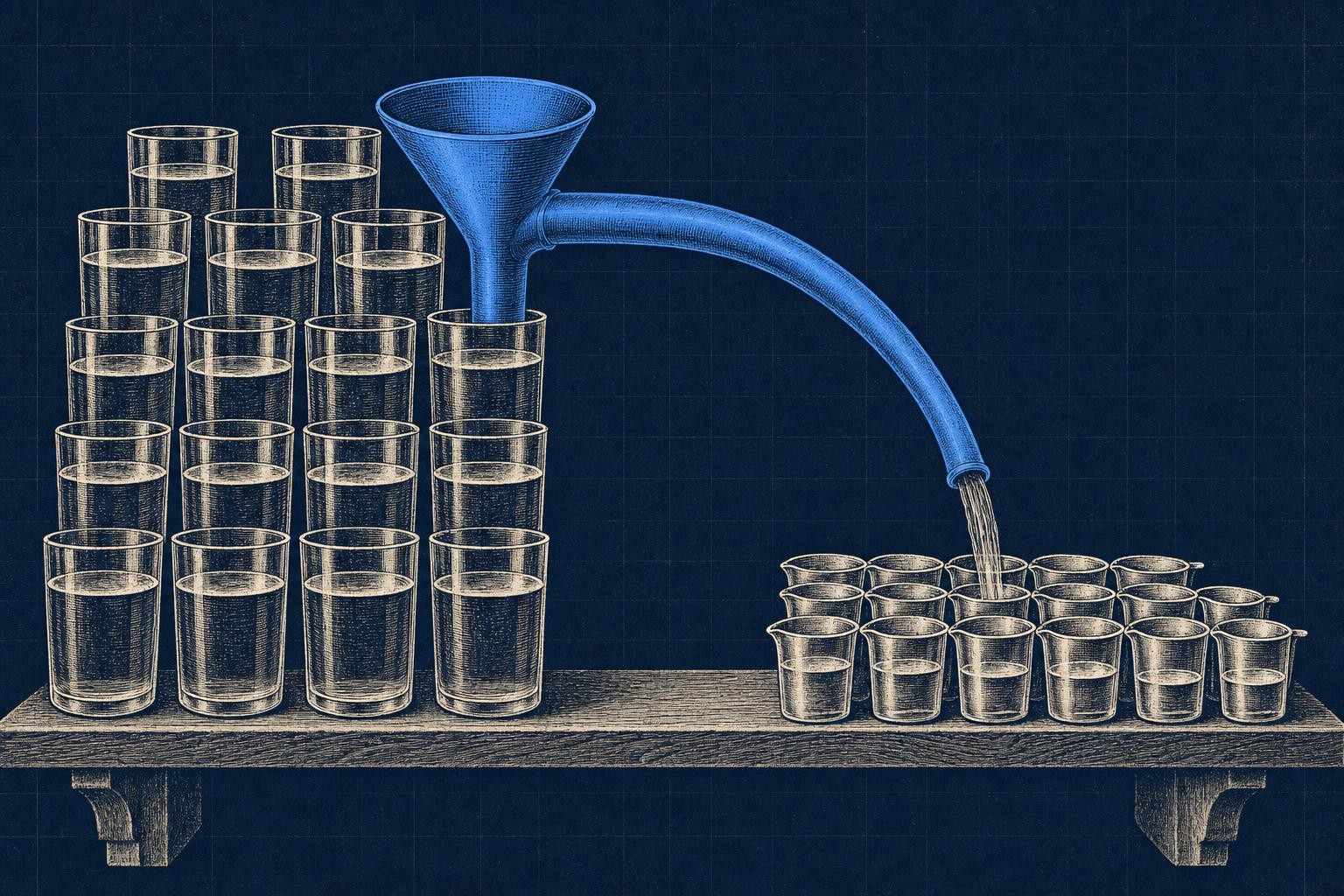 Illustration of how llm quantization works: A wide shelf: left side holds a tall stack of full glasses of water spanning
