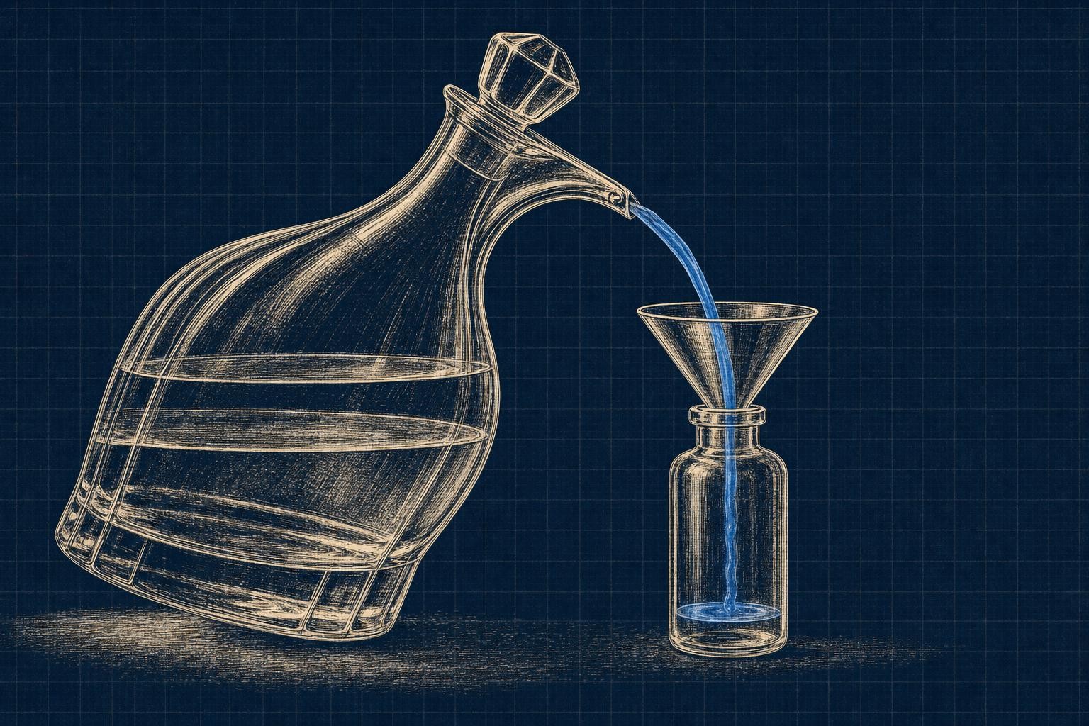 Illustration of how model distillation works: A tall glass decanter labeled with layered liquid on the left slowly pours