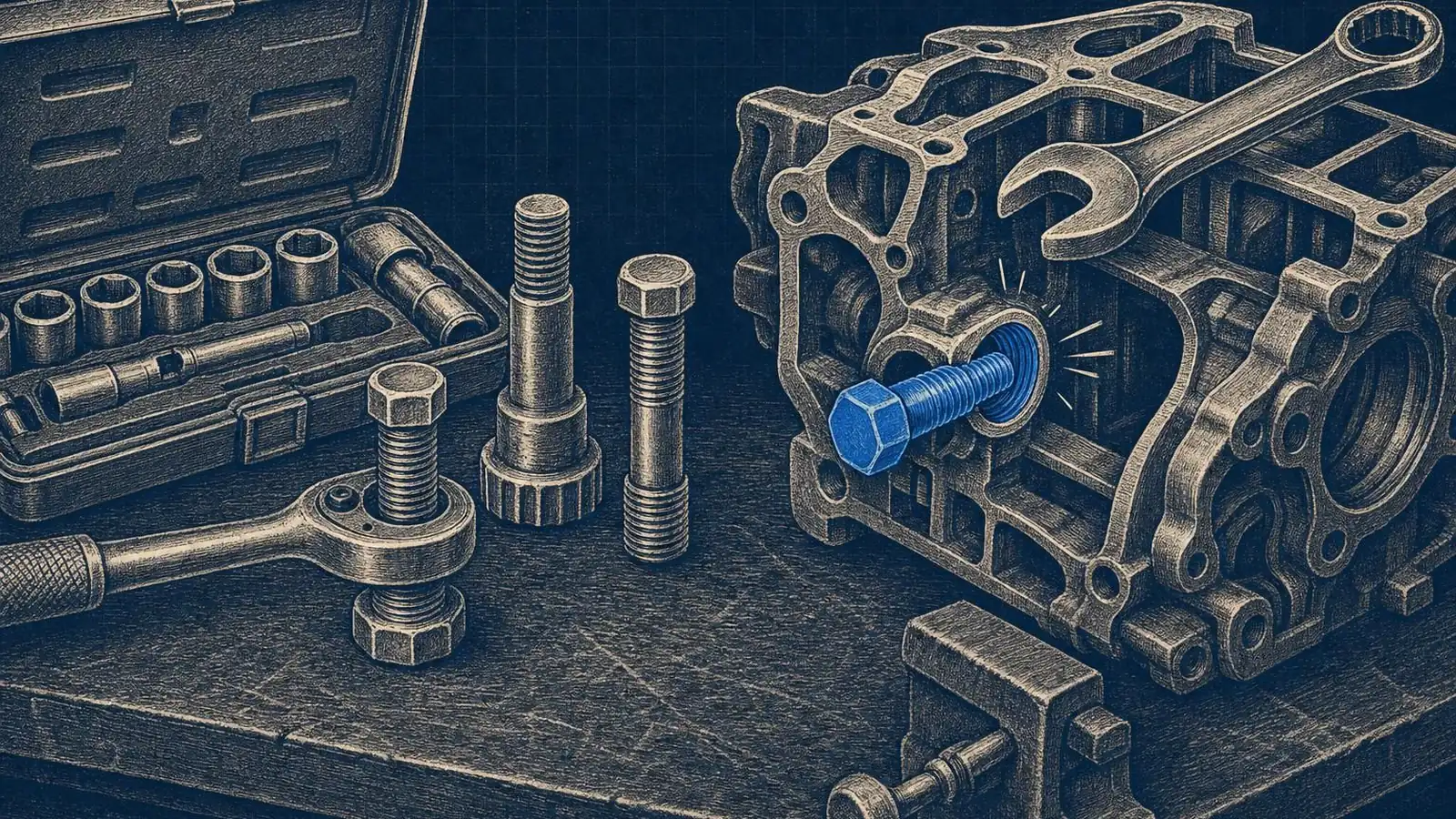Illustration of how install flash attention 2: A wide workbench: left side, a socket-wrench set testing bolts labeled GPU