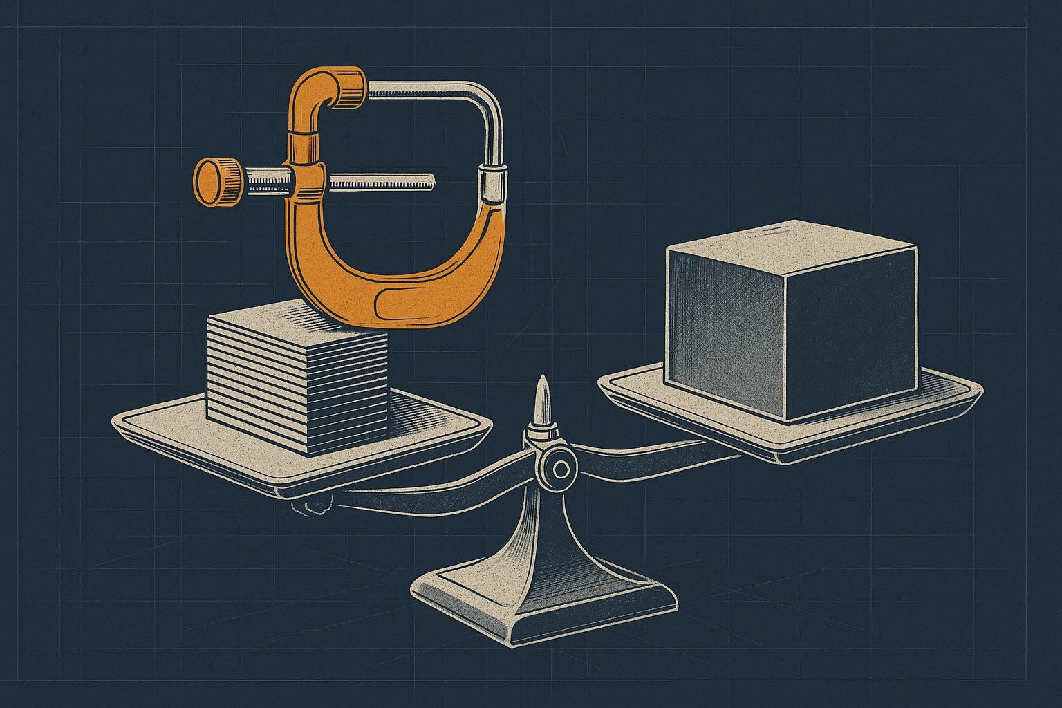 Illustration of is flash attention stable: A precision balance scale with two platforms: left side holds a stack of thin