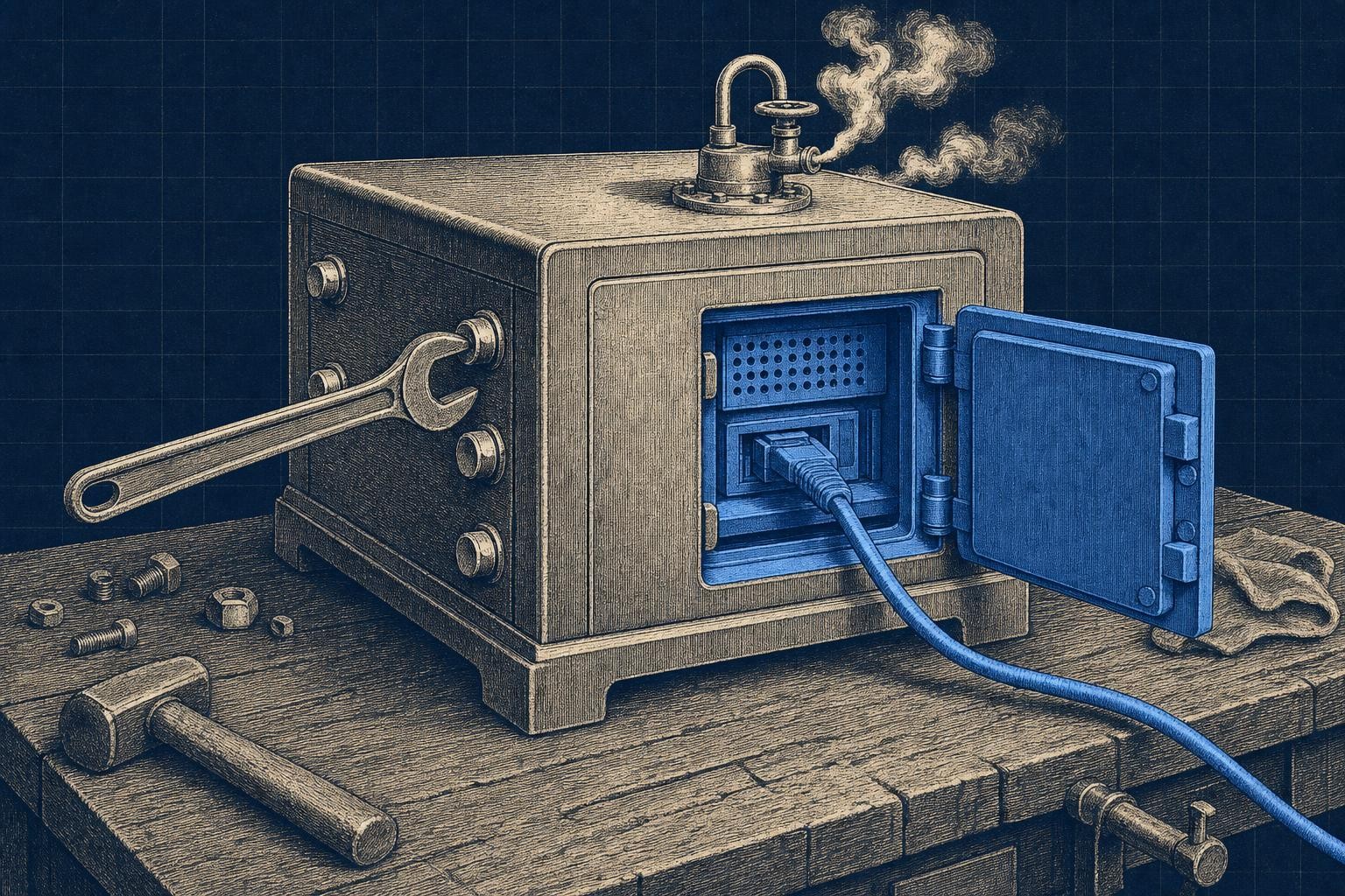 Illustration of is ollama safe: A sturdy home safe sits on a workbench, its back panel removed, exposing an unlatched