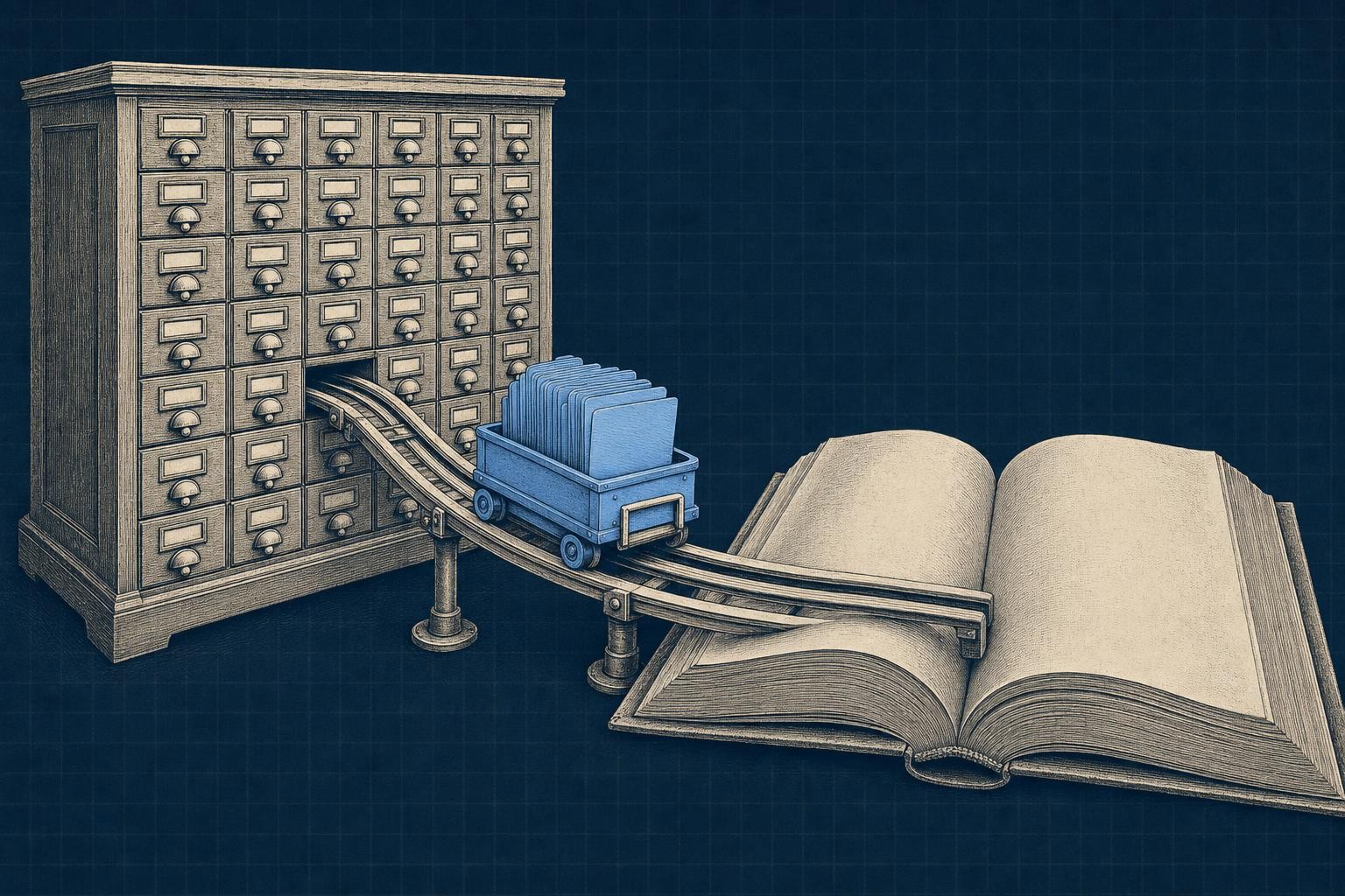 Illustration of is rag still relevant: A wide library-card-catalog cabinet on the left connects via a curved rail to an open