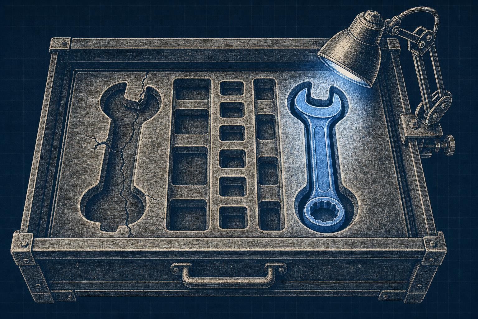 Illustration of from langchain agents import create tool calling agent error: A wide toolbox drawer spans the frame: left