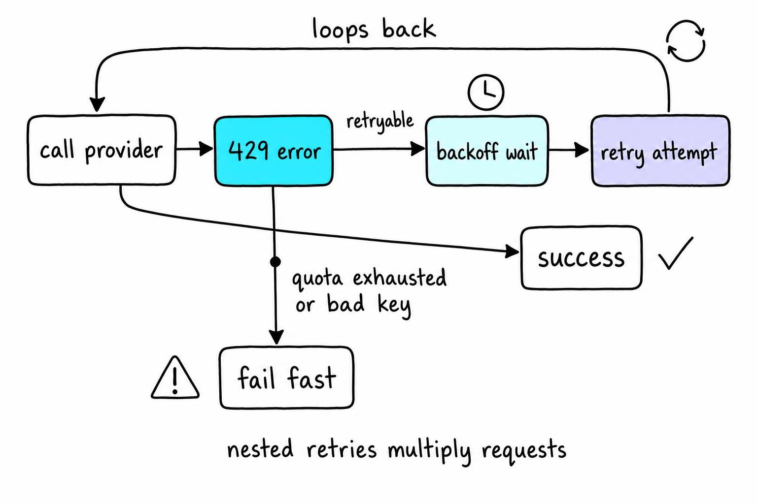 Flow diagram showing a LangChain call retried with exponential backoff on 429 errors, and a fail-fast exit for quota exhaustion or bad credentials