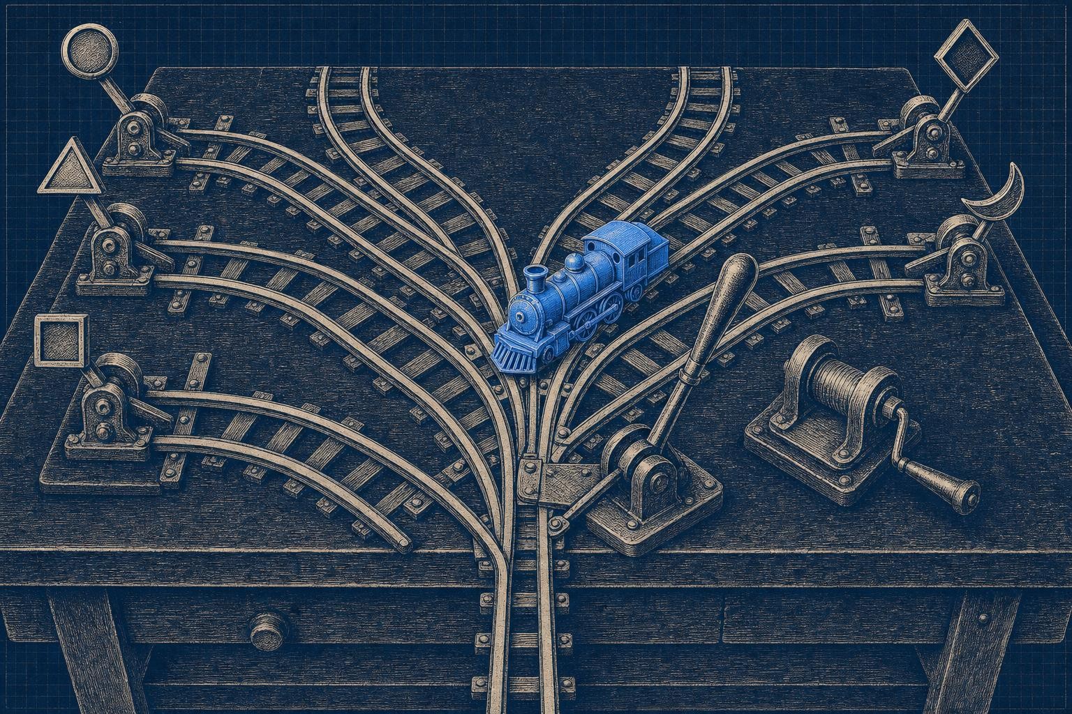 Illustration of langgraph alternatives: A wide workbench with a central branching rail track (LangGraph) and, spanning left
