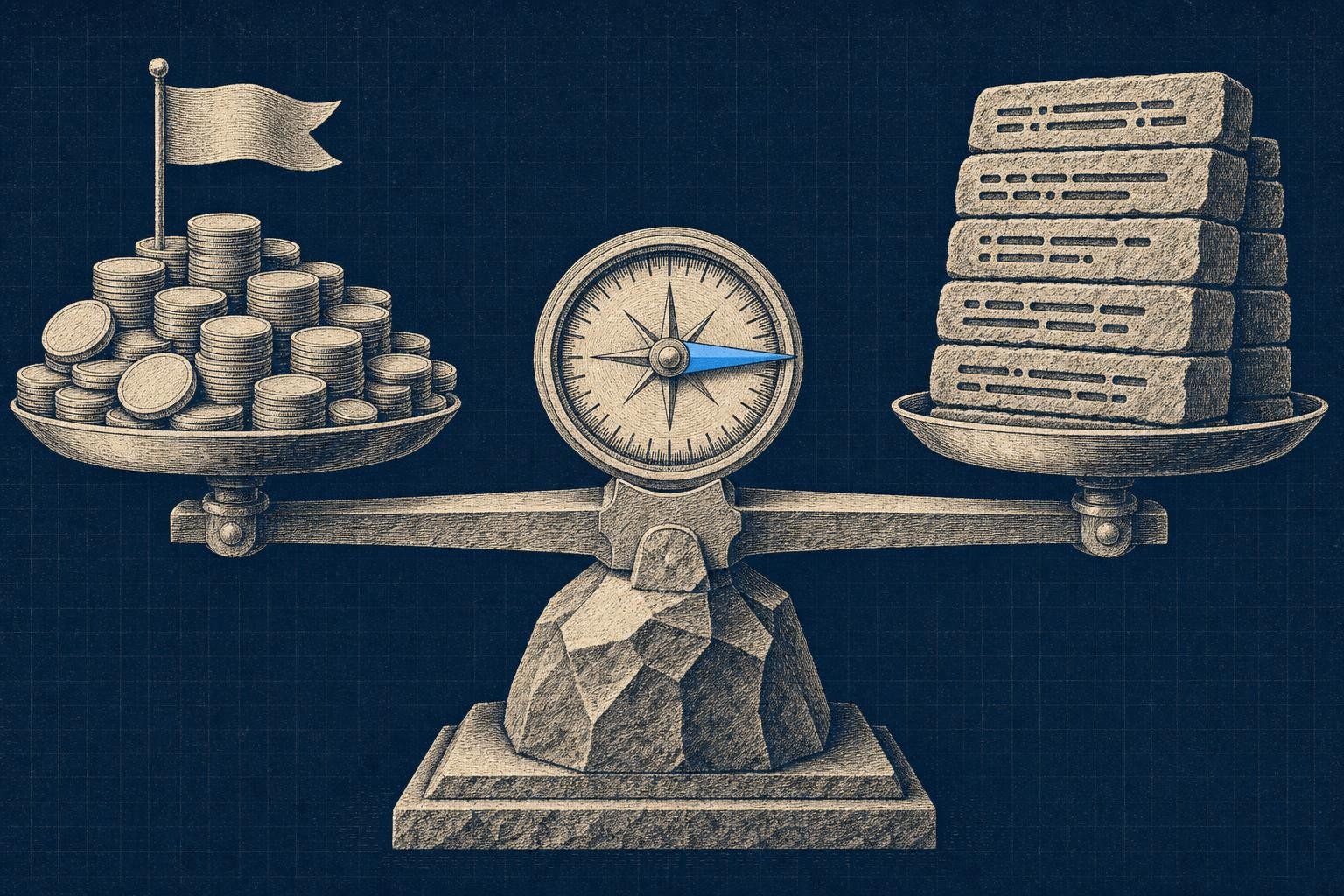 Illustration of how is mistral ai doing: A wide seesaw balanced on a stone base: left pan piled with coins and a small