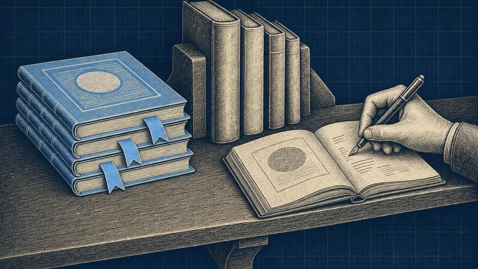 Illustration of prefix caching vs kv cache: A long shared bookshelf spans the frame: left end shows a stack of identical